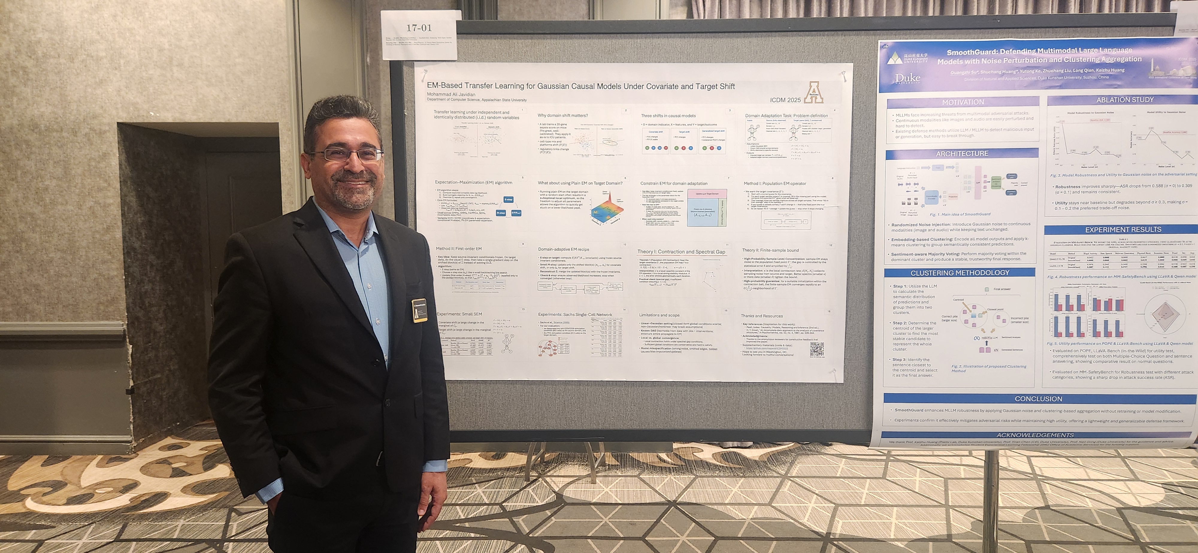 Presenter standing beside a poster on EM-based transfer learning for Gaussian causal models.